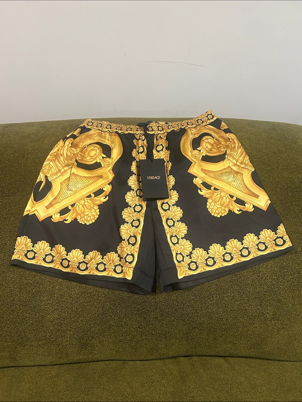 Versace Black with Gold Baroque Pattern Silk Shorts EU size 38, US size 6/8